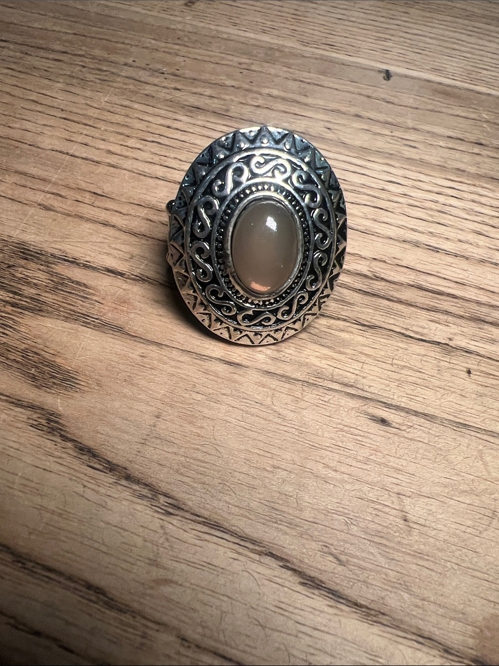 Bohemian Silver-Tone Oval Statement Ring with Beige Cabochon